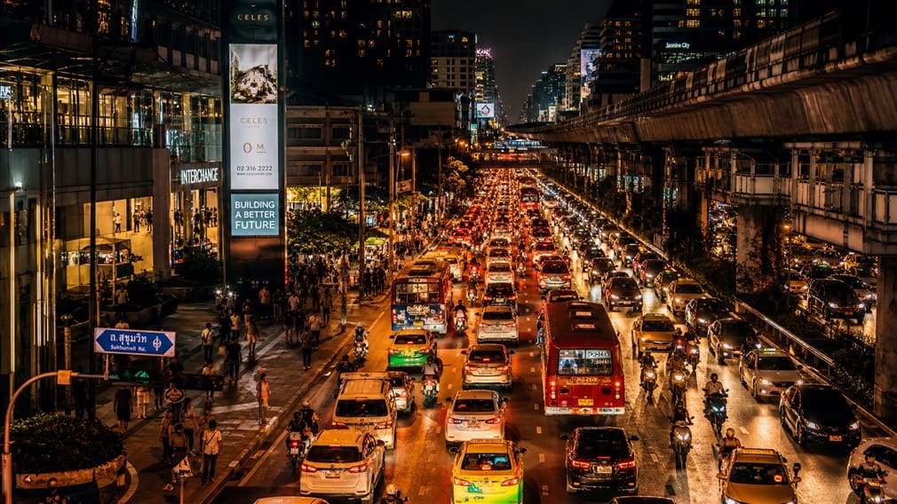 Bangkok night traffic and skyline for filming in Thailand